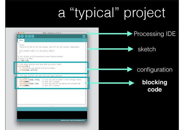 a “typical” project
conﬁguration
blocking!
code
Processing IDE
sketch
