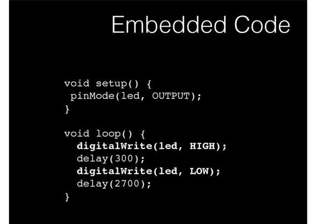 Embedded Code
void setup() {!
pinMode(led, OUTPUT);!
}!
!
void loop() {!
digitalWrite(led, HIGH);!
delay(300);!
digitalWrite(led, LOW); !
delay(2700); !
}
