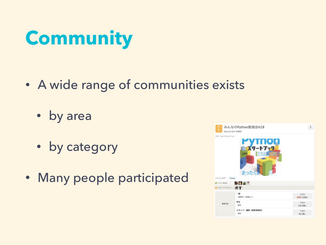 Community
• A wide range of communities exists
• by area
• by category
• Many people participated

