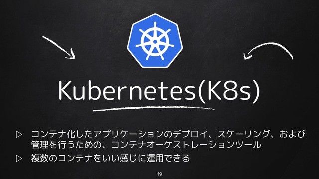 19
Kubernetes(K8s)
▷ コンテナ化したアプリケーションのデプロイ、スケーリング、および
管理を行うための、コンテナオーケストレーションツール
▷ 複数のコンテナをいい感じに運用できる
