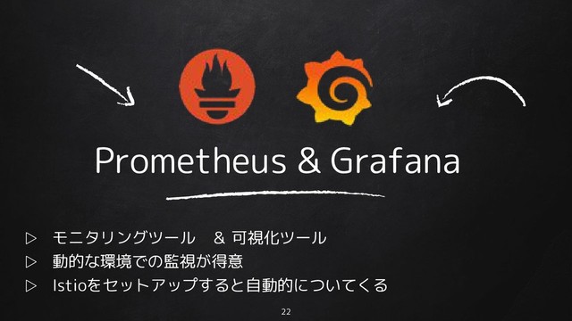 22
Prometheus & Grafana
▷ モニタリングツール　＆ 可視化ツール
▷ 動的な環境での監視が得意
▷ Istioをセットアップすると自動的についてくる
