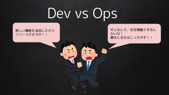 Dev vs Ops
新しい機能を追加したから
リリースさせろや！！
そんなんで、安定稼働できるん
かいな！
責任とるのはこっちやぞ！！
7
