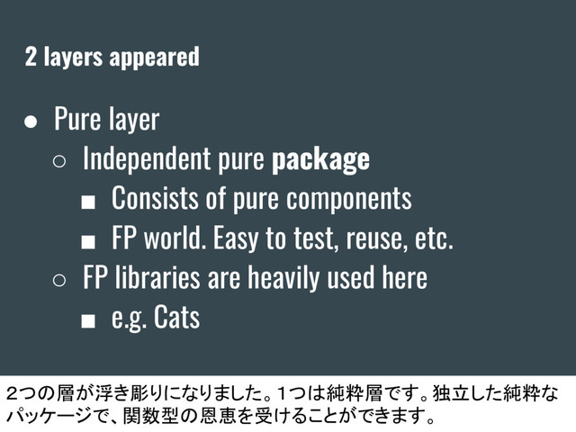 2 layers appeared
● Pure layer
○ Independent pure package
■ Consists of pure components
■ FP world. Easy to test, reuse, etc.
○ FP libraries are heavily used here
■ e.g. Cats
２つの層が浮き彫りになりました。１つは純粋層です。独立した純粋な
パッケージで、関数型の恩恵を受けることができます。

