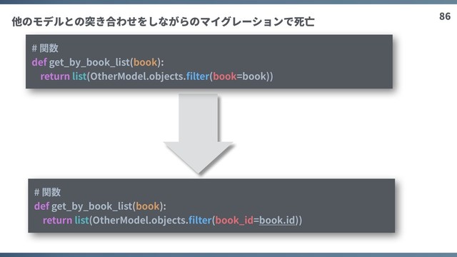 86
他のモデルとの突き合わせをしながらのマイグレーションで死亡
# 関数
def get_by_book_list(book):
return list(OtherModel.objects.ﬁlter(book=book))
# 関数
def get_by_book_list(book):
return list(OtherModel.objects.ﬁlter(book_id=book.id))
