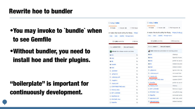 Rewrite hoe to bundler
•You may invoke to `bundle` when
to see Gemﬁle
•Without bundler, you need to
install hoe and their plugins.
“boilerplate” is important for
continuously development.
