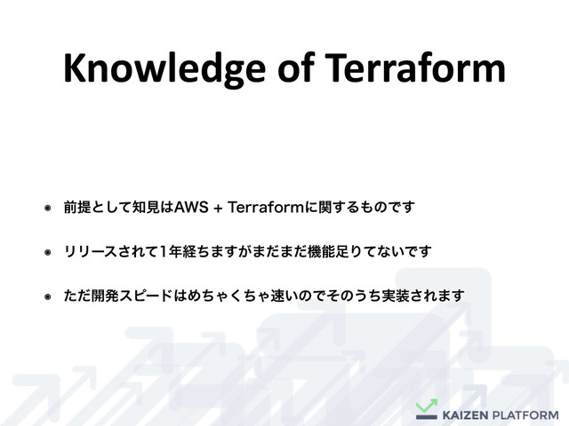 Knowledge	  of	  Terraform
๏ લఏͱͯ͠஌ݟ͸"845FSSBGPSNʹؔ͢Δ΋ͷͰ͢
๏ ϦϦʔε͞Εͯ೥ܦͪ·͕͢·ͩ·ͩػೳ଍Γͯͳ͍Ͱ͢
๏ ͨͩ։ൃεϐʔυ͸ΊͪΌͪ͘Ό଎͍ͷͰͦͷ͏࣮ͪ૷͞Ε·͢
