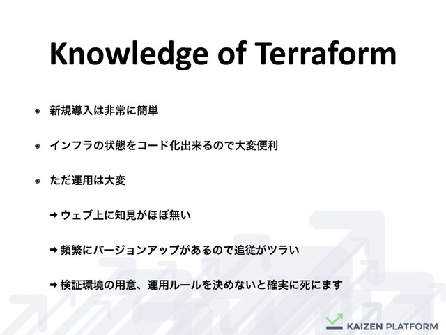 Knowledge	  of	  Terraform
๏ ৽نಋೖ͸ඇৗʹ؆୯
๏ Πϯϑϥͷঢ়ଶΛίʔυԽग़དྷΔͷͰେมศར
๏ ͨͩӡ༻͸େม
‎ ΢Σϒ্ʹ஌ݟ͕΄΅ແ͍
‎ සൟʹόʔδϣϯΞοϓ͕͋ΔͷͰ௥ै͕πϥ͍
‎ ݕূ؀ڥͷ༻ҙɺӡ༻ϧʔϧΛܾΊͳ͍ͱ࣮֬ʹࢮʹ·͢
