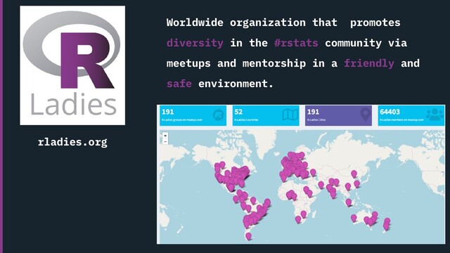Worldwide organization that promotes
diversity in the #rstats community via
meetups and mentorship in a friendly and
safe environment.
rladies.org
