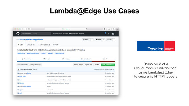 Lambda@Edge Use Cases
Demo build of a
CloudFront+S3 distribution,
using Lambda@Edge
to secure its HTTP headers

