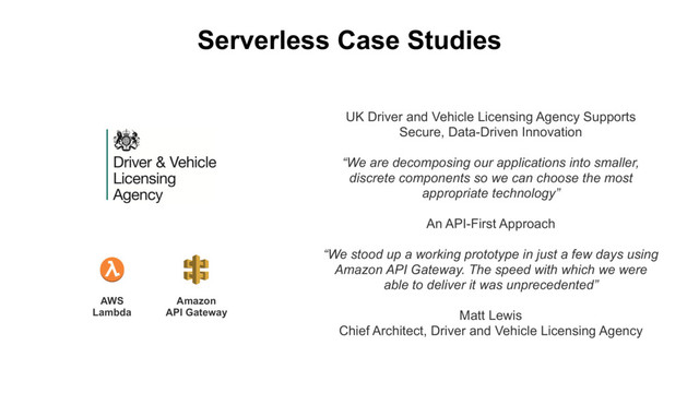 Serverless Case Studies
UK Driver and Vehicle Licensing Agency Supports
Secure, Data-Driven Innovation
“We are decomposing our applications into smaller,
discrete components so we can choose the most
appropriate technology”
An API-First Approach
“We stood up a working prototype in just a few days using
Amazon API Gateway. The speed with which we were
able to deliver it was unprecedented”
Matt Lewis
Chief Architect, Driver and Vehicle Licensing Agency
AWS
Lambda
Amazon
API Gateway
