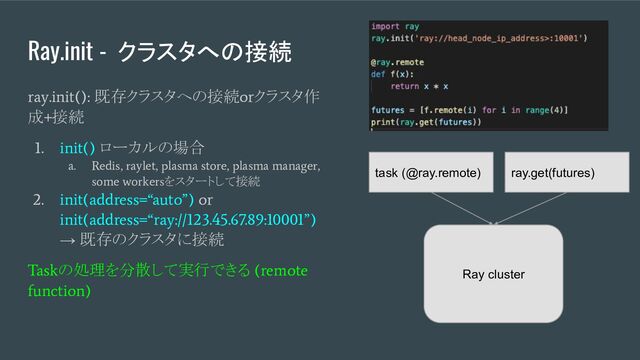 Ray.init - クラスタへの接続
ray.init():
既存クラスタへの接続
or
クラスタ作
成
+
接続
1. init()
ローカルの場合
a. Redis, raylet, plasma store, plasma manager,
some workers
をスタートして接続
2. init(address=“auto”) or
init(address=“ray://123.45.67.89:10001”)
→ 既存のクラスタに接続
Task
の処理を分散して実行できる
(remote
function)
Ray cluster
task (@ray.remote) ray.get(futures)
