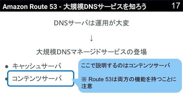 ↓ 
大規模DNSマネージドサービスの登場 
● キャッシュサーバ 
● コンテンツサーバ 
17
Amazon Route 53 - 大規模DNSサービスを知ろう
DNSサーバは運用が大変 
ここで説明するのはコンテンツサーバ
※ Route 53は両方の機能を持つことに
注意
