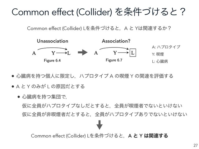 Common effect (Collider) Λ৚͚݅ͮΔͱʁ
27
Common effect (Collider) LΛ৚͚݅ͮΔͱɼA ͱ Y͸ؔ࿈͢Δ͔ʁ
A: ϋϓϩλΠϓ
Y: ٤Ԏ
L: ৺ଁප
Unassociation Association?
• ৺ଁපΛ࣋ͭݸਓʹݶఆ͠ɼϋϓϩλΠϓ A ͷ٤Ԏ Y ͷؔ࿈ΛධՁ͢Δ
• A ͱ Y ͷΈ͕ L ͷݪҼͩͱ͢Δ
• ৺ଁපΛ࣋ͭूஂͰɼ
Ծʹશһ͕ϋϓϩλΠϓͳͩ͠ͱ͢Δͱɼશһ͕٤ԎऀͰͳ͍ͱ͍͚ͳ͍
Ծʹશһ͕ඇ٤Ԏऀͩͱ͢Δͱɼશһ͕ϋϓϩλΠϓ͋ΓͰͳ͍ͱ͍͚ͳ͍
Common effect (Collider) LΛ৚͚݅ͮΔͱɼA ͱ Y ͸ؔ࿈͢Δ
