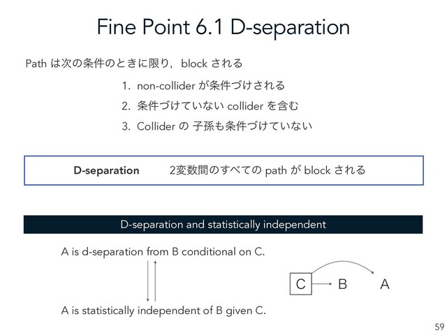 Fine Point 6.1 D-separation
59
1. non-collider ͕৚͚݅ͮ͞ΕΔ
2. ৚͚͍݅ͮͯͳ͍ collider ΛؚΉ
3. Collider ͷ ࢠଙ΋৚͚͍݅ͮͯͳ͍
Path ͸࣍ͷ৚݅ͷͱ͖ʹݶΓɼblock ͞ΕΔ
2ม਺ؒͷ͢΂ͯͷ path ͕ block ͞ΕΔ
D-separation
$ # "
A is d-separation from B conditional on C.
A is statistically independent of B given C.
D-separation and statistically independent
