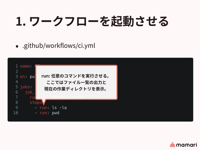1. ワークフローを起動させる
• .github/workﬂows/ci.yml
run: 任意のコマンドを実⾏させる。
ここではファイル⼀覧の出⼒と
現在の作業ディレクトリを表⽰。
