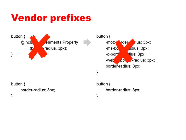 Vendor prefixes
button {
-moz-border-radius: 3px;
-ms-border-radius: 3px;
-o-border-radius: 3px;
-webkit-border-radius: 3px;
border-radius: 3px;
}
button {
border-radius: 3px;
}
button {
@include experimentalProperty
(border-radius, 3px);
}
button {
border-radius: 3px;
}
✘
✘

