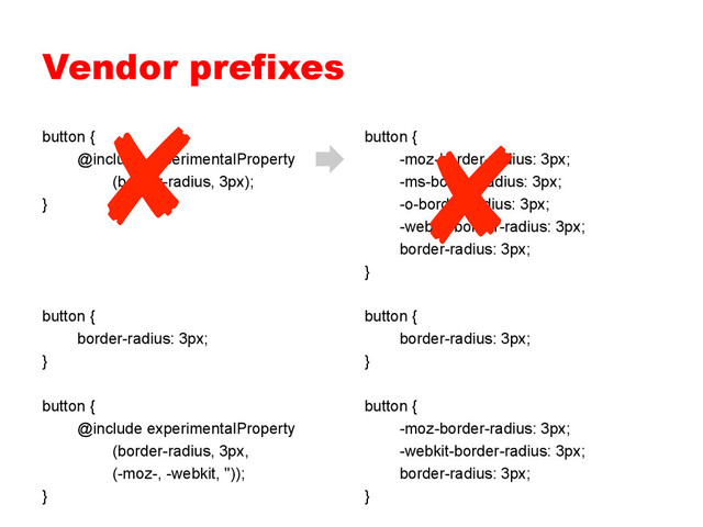 Vendor prefixes
button {
-moz-border-radius: 3px;
-ms-border-radius: 3px;
-o-border-radius: 3px;
-webkit-border-radius: 3px;
border-radius: 3px;
}
button {
border-radius: 3px;
}
button {
-moz-border-radius: 3px;
-webkit-border-radius: 3px;
border-radius: 3px;
}
button {
@include experimentalProperty
(border-radius, 3px);
}
button {
border-radius: 3px;
}
button {
@include experimentalProperty
(border-radius, 3px,
(-moz-, -webkit, ''));
}
✘
✘
