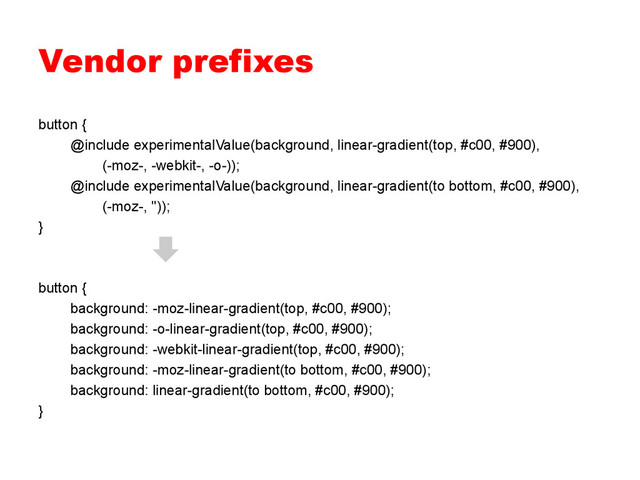 Vendor prefixes
button {
@include experimentalValue(background, linear-gradient(top, #c00, #900),
(-moz-, -webkit-, -o-));
@include experimentalValue(background, linear-gradient(to bottom, #c00, #900),
(-moz-, ''));
}
button {
background: -moz-linear-gradient(top, #c00, #900);
background: -o-linear-gradient(top, #c00, #900);
background: -webkit-linear-gradient(top, #c00, #900);
background: -moz-linear-gradient(to bottom, #c00, #900);
background: linear-gradient(to bottom, #c00, #900);
}
