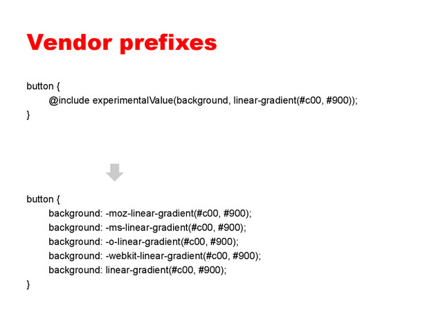 Vendor prefixes
button {
@include experimentalValue(background, linear-gradient(#c00, #900));
}
button {
background: -moz-linear-gradient(#c00, #900);
background: -ms-linear-gradient(#c00, #900);
background: -o-linear-gradient(#c00, #900);
background: -webkit-linear-gradient(#c00, #900);
background: linear-gradient(#c00, #900);
}
