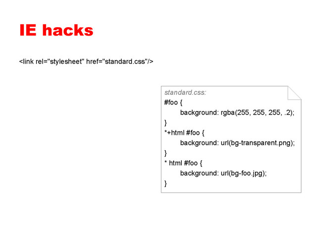 IE hacks

standard.css:
#foo {
background: rgba(255, 255, 255, .2);
}
*+html #foo {
background: url(bg-transparent.png);
}
* html #foo {
background: url(bg-foo.jpg);
}
