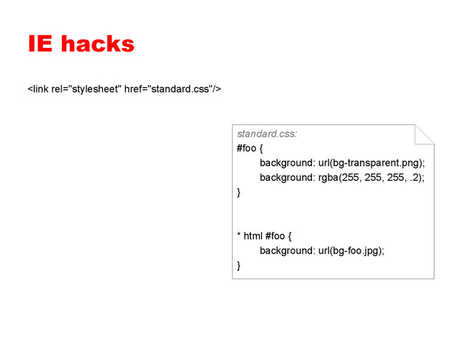 IE hacks

standard.css:
#foo {
background: url(bg-transparent.png);
background: rgba(255, 255, 255, .2);
}
* html #foo {
background: url(bg-foo.jpg);
}

