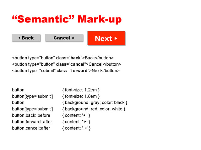 “Semantic” Mark-up
Back
Cancel
Next
button { font-size: 1.2em }
button[type='submit'] { font-size: 1.8em }
button { background: gray; color: black }
button[type='submit'] { background: red; color: white }
button.back::before { content: '◀ ' }
button.forward::after { content: ' ▶' }
button.cancel::after { content: ' ×' }
◀ Back Cancel × Next ▶
