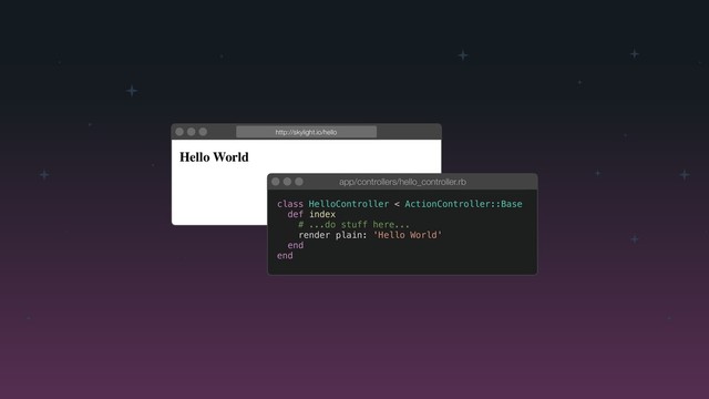 app/controllers/hello_controller.rb
Hello World
http://skylight.io/hello
app/controllers/hello_controller.rb
class HelloController < ActionController::Base
def index
# ...do stuff here...
render plain: 'Hello World'
end
end
app/controllers/hello_controller.rb
