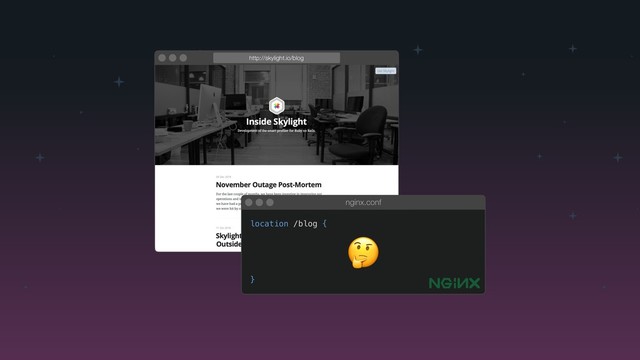 app/controllers/hello_controller.rb
http://skylight.io/blog
!
location /blog {
}
nginx.conf
!
