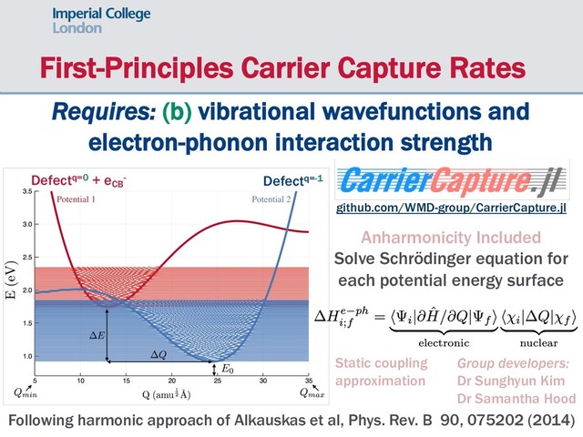 First-Principles Carrier Capture Rates
Group developers:
Dr Sunghyun Kim
Dr Samantha Hood
Defectq=0 + eCB
- Defectq=-1
Requires: (b) vibrational wavefunctions and
electron-phonon interaction strength
github.com/WMD-group/CarrierCapture.jl
Anharmonicity Included
Solve Schrödinger equation for
each potential energy surface
Following harmonic approach of Alkauskas et al, Phys. Rev. B 90, 075202 (2014)
Static coupling
approximation
