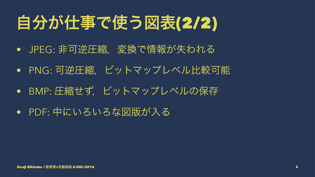 ࣗ෼͕࢓ࣄͰ࢖͏ਤද(2/2)
• JPEG: ඇՄٯѹॖɼม׵Ͱ৘ใ͕ࣦΘΕΔ
• PNG: ՄٯѹॖɼϏοτϚοϓϨϕϧൺֱՄೳ
• BMP: ѹॖͤͣɼϏοτϚοϓϨϕϧͷอଘ
• PDF: தʹ͍Ζ͍Ζͳਤ൛͕ೖΔ
Kenji Rikitake / ൛؅ཧ+ࣗಈ૊൛ 6-DEC-2014 5
