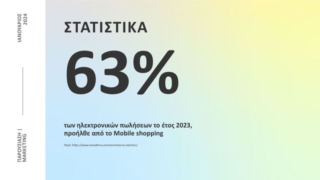 των ηλεκτρονικών πωλήσεων το έτος 2023,
προήλθε από το Mobile shopping
Πηγή: https://www.manaferra.com/ecommerce-statistics/
ΙΑΝΟΥΑΡΙΟΣ
2024
ΠΑΡΟΥΣΙΑΣΗ |
MARKETING
ΣΤΑΤΙΣΤΙΚΑ
