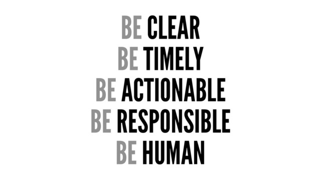 BE CLEAR
BE TIMELY
BE ACTIONABLE
BE RESPONSIBLE
BE HUMAN
