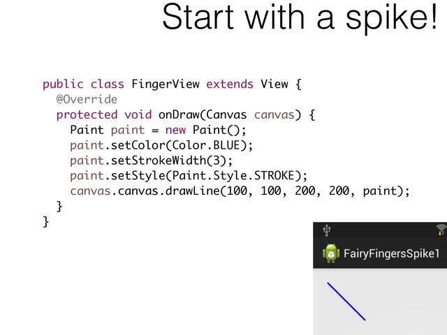 Start with a spike!
public class FingerView extends View {
@Override
protected void onDraw(Canvas canvas) {
Paint paint = new Paint();
paint.setColor(Color.BLUE);
paint.setStrokeWidth(3);
paint.setStyle(Paint.Style.STROKE);
canvas.canvas.drawLine(100, 100, 200, 200, paint);
}
}
