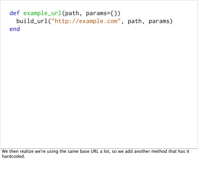 def example_url(path, params={})
build_url("http://example.com", path, params)
end
We then realize we're using the same base URL a lot, so we add another method that has it
hardcoded.
