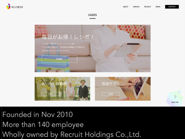Founded in Nov 2010
More than 140 employee
Wholly owned by Recruit Holdings Co.,Ltd.
