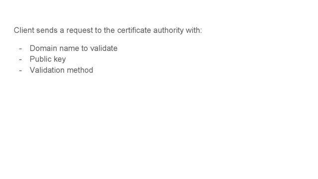 Client sends a request to the certificate authority with:
- Domain name to validate
- Public key
- Validation method
