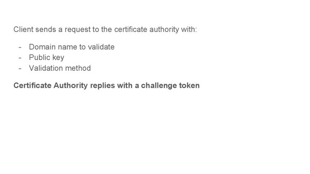 Client sends a request to the certificate authority with:
- Domain name to validate
- Public key
- Validation method
Certificate Authority replies with a challenge token

