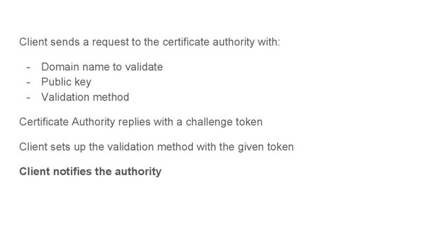 Client sends a request to the certificate authority with:
- Domain name to validate
- Public key
- Validation method
Certificate Authority replies with a challenge token
Client sets up the validation method with the given token
Client notifies the authority
