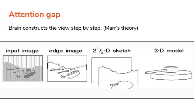 Attention gap
Brain constructs the view step by step. (Marr’s theory)
