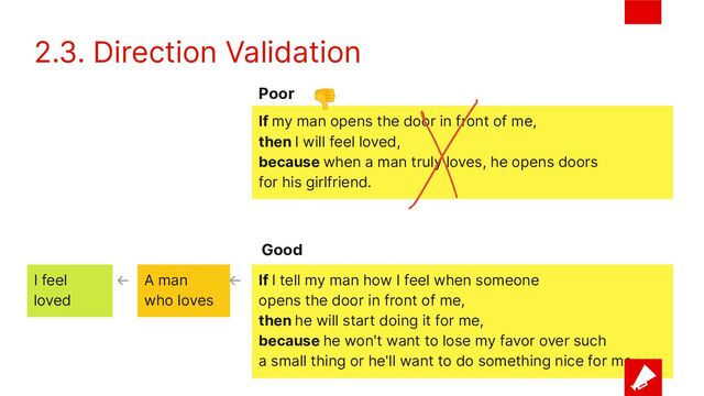 2.3. Direction Validation
If I tell my man how I feel when someone
opens the door in front of me,
then he will start doing it for me,
because he won't want to lose my favor over such
a small thing or he'll want to do something nice for me.
If my man opens the door in front of me,
then I will feel loved,
because when a man truly loves, he opens doors
for his girlfriend.
Poor
Good
👎

A man
who loves
I feel
loved
← ←
