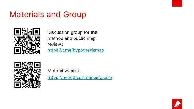 Materials and Group
Method website
https://hypothesismapping.com
Discussion group for the
method and public map
reviews
https://t.me/hypothesismap
