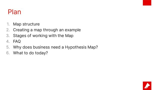 Plan
1. Map structure
2. Creating a map through an example
3. Stages of working with the Map
4. FAQ
5. Why does business need a Hypothesis Map?
6. What to do today?
