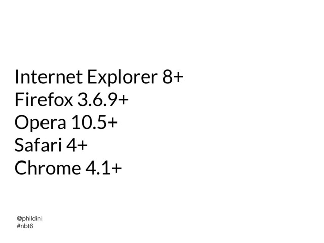 @phildini


#nbt6
Internet Explorer 8+


Firefox 3.6.9+


Opera 10.5+


Safari 4+


Chrome 4.1+
