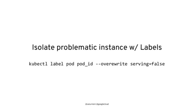 @saturnism @googlecloud
Isolate problematic instance w/ Labels
kubectl label pod pod_id --overewrite serving=false

