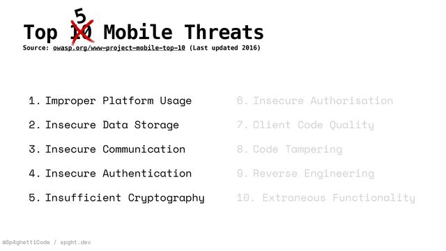 @Sp4ghettiCode / spght.dev
Top 10 Mobile Threats
Source: owasp.org/www-project-mobile-top-10 (Last updated 2016)
1. Improper Platform Usage


2. Insecure Data Storage


3. Insecure Communication


4. Insecure Authentication


5. Insufficient Cryptography
6. Insecure Authorisation


7. Client Code Quality


8. Code Tampering


9. Reverse Engineering


10. Extraneous Functionality
5

