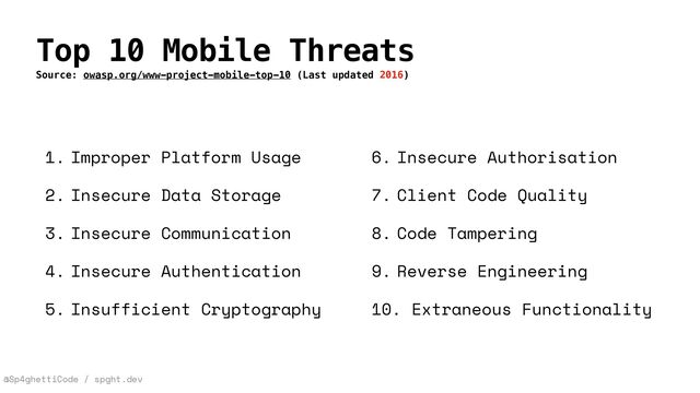 @Sp4ghettiCode / spght.dev
Top 10 Mobile Threats
Source: owasp.org/www-project-mobile-top-10 (Last updated 2016)
1. Improper Platform Usage


2. Insecure Data Storage


3. Insecure Communication


4. Insecure Authentication


5. Insufficient Cryptography
6. Insecure Authorisation


7. Client Code Quality


8. Code Tampering


9. Reverse Engineering


10. Extraneous Functionality
