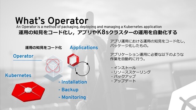 What’s Operator
An Operator is a method of packaging, deploying and managing a Kubernetes application
Kubernetes
Applications
運⽤の知⾒をコード化し，アプリやK8sクラスターの運⽤を⾃動化する
アプリ運⽤における運⽤の知⾒をコード化し，
パッケージ化したもの。
アプリケーション運⽤に必要な以下のような
作業を⾃動的に⾏う。
・インストール
・リソーススケーリング
・バックアップ
・アップデート
運⽤の知⾒をコード化
Operator
- Installation
- Backup
- Monitoring
42
