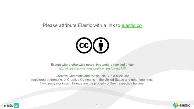 ‹#›
Please attribute Elastic with a link to elastic.co
Except where otherwise noted, this work is licensed under
http://creativecommons.org/licenses/by-nd/4.0/
Creative Commons and the double C in a circle are
registered trademarks of Creative Commons in the United States and other countries.
Third party marks and brands are the property of their respective holders.
28
