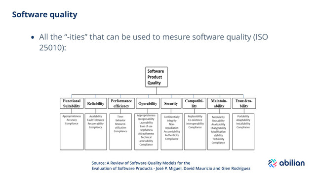 Software quality
• All the “-ities” that can be used to mesure software quality (ISO
25010):
Source: A Review of Software Quality Models for the
Evaluation of Software Products - José P. Miguel, David Mauricio and Glen Rodríguez
