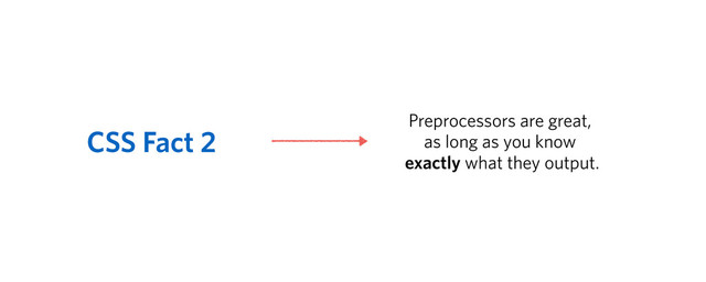 CSS Fact 2
Preprocessors are great,
as long as you know
exactly what they output.
